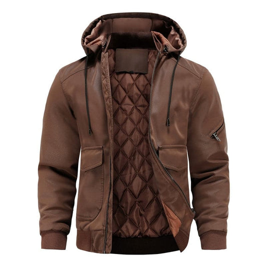 Stylish men's jacket in leather look – Hood with drawstring and ribbed cuff
