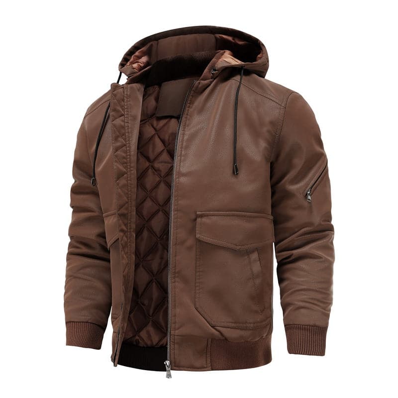 Stylish men's jacket in leather look – Hood with drawstring and ribbed cuff