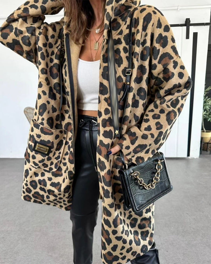 Elisea Dam Hoodie Kappa with Leopard Patterned Pocket – Casual Outer Jacket
