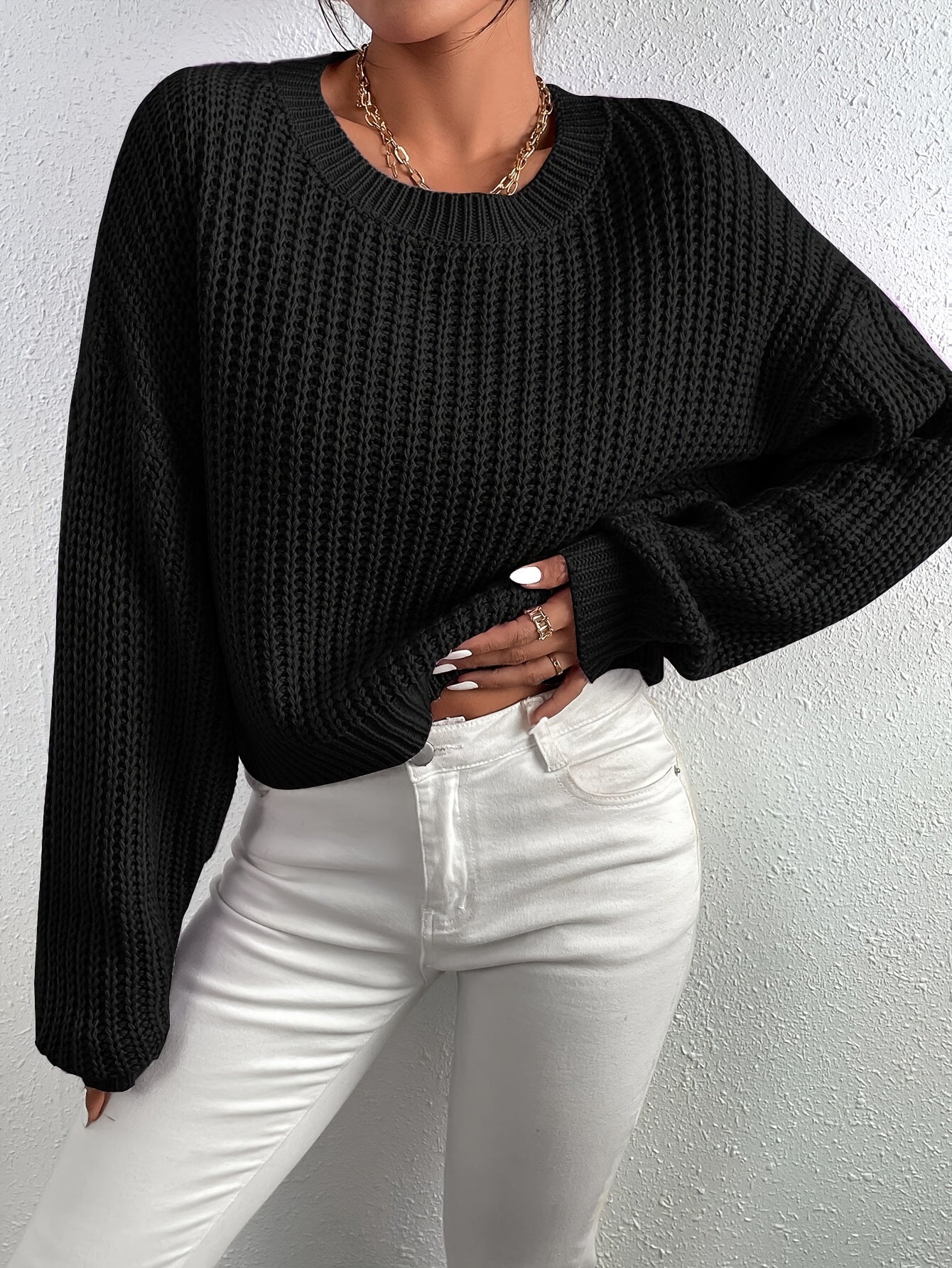 Alma™ | Solid Ribbed Knit Sweater with Round Neck for Women