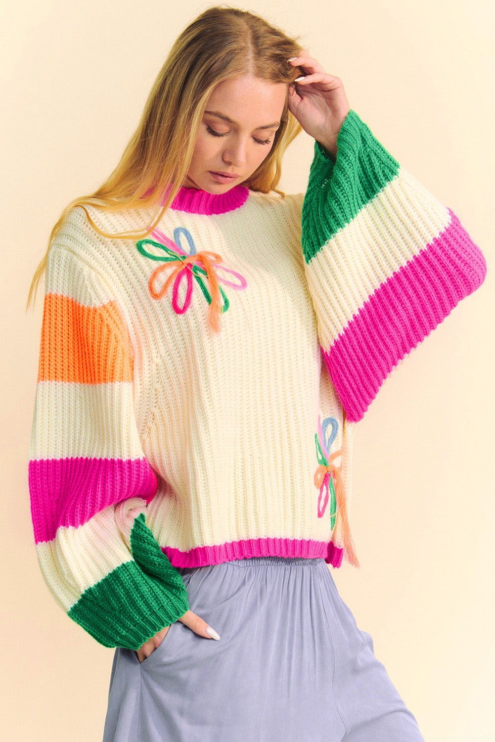 Seraphina Color Blocking Floral Sweater – Stilfuld strikket sweater til kvinder
