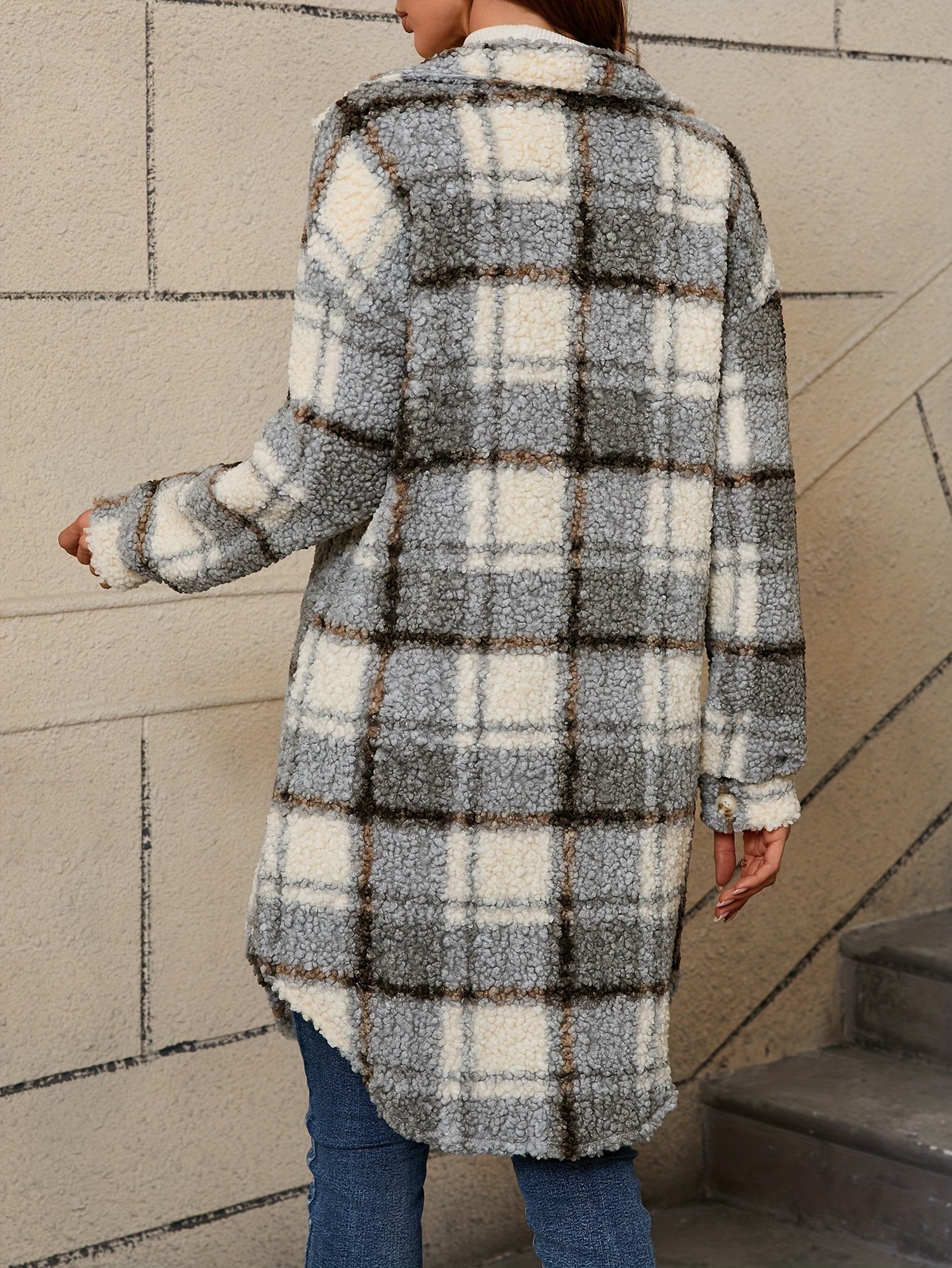Freja™ | Long Fuzzy Jacket with Checkered Pattern & Button Closure
