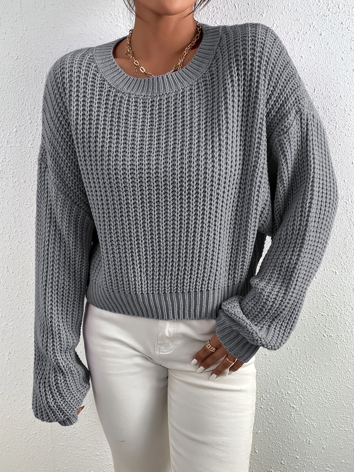 Alma™ | Solid Ribbed Knit Sweater with Round Neck for Women