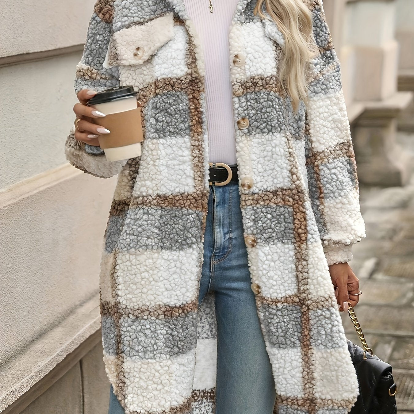 Freja™ | Long Fuzzy Jacket with Checkered Pattern & Button Closure