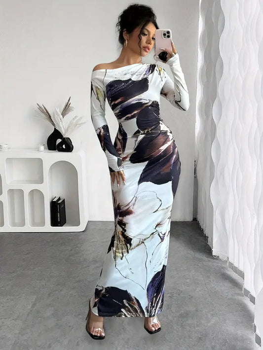 Seraphina Maxi Dress – Off Shoulder Grace with Patterned Charm