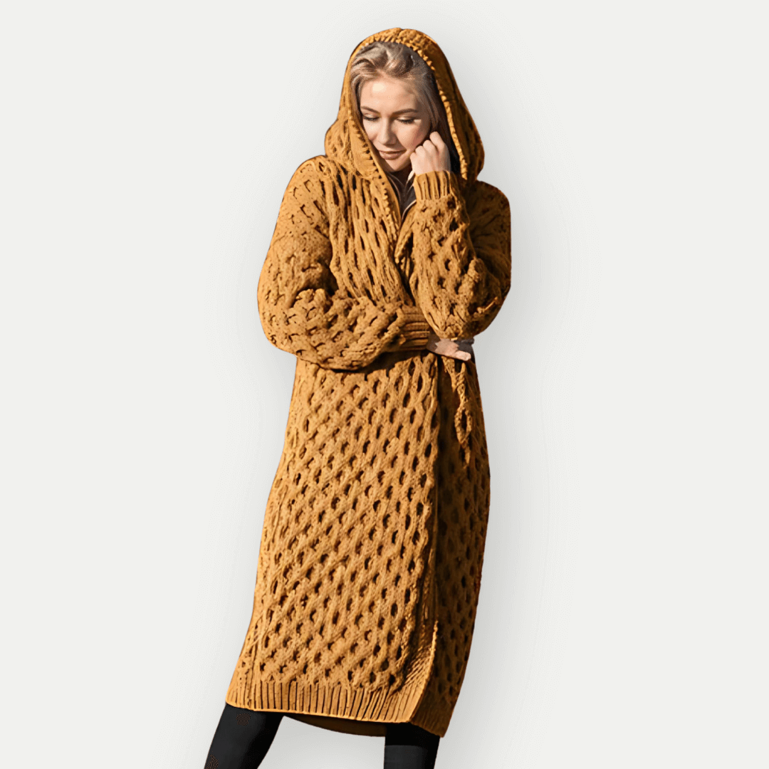 Down Jacket with Hood – Relaxed Fit, Long Cable Knit Open Front
