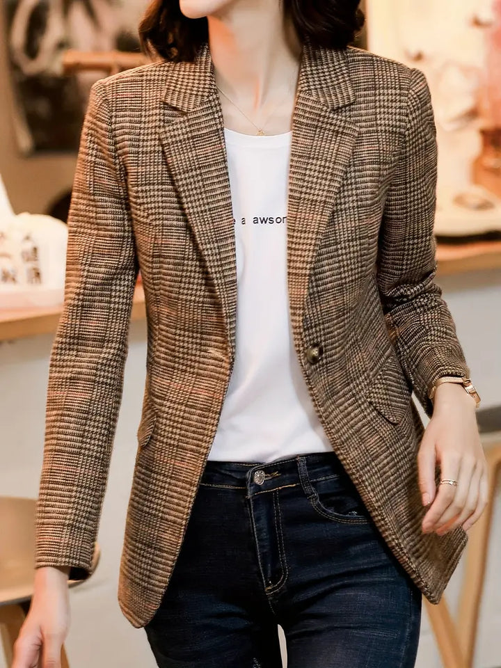 MARLENE™ | Dam Blazer med Rutigt Mönster och En-Knappsstängning