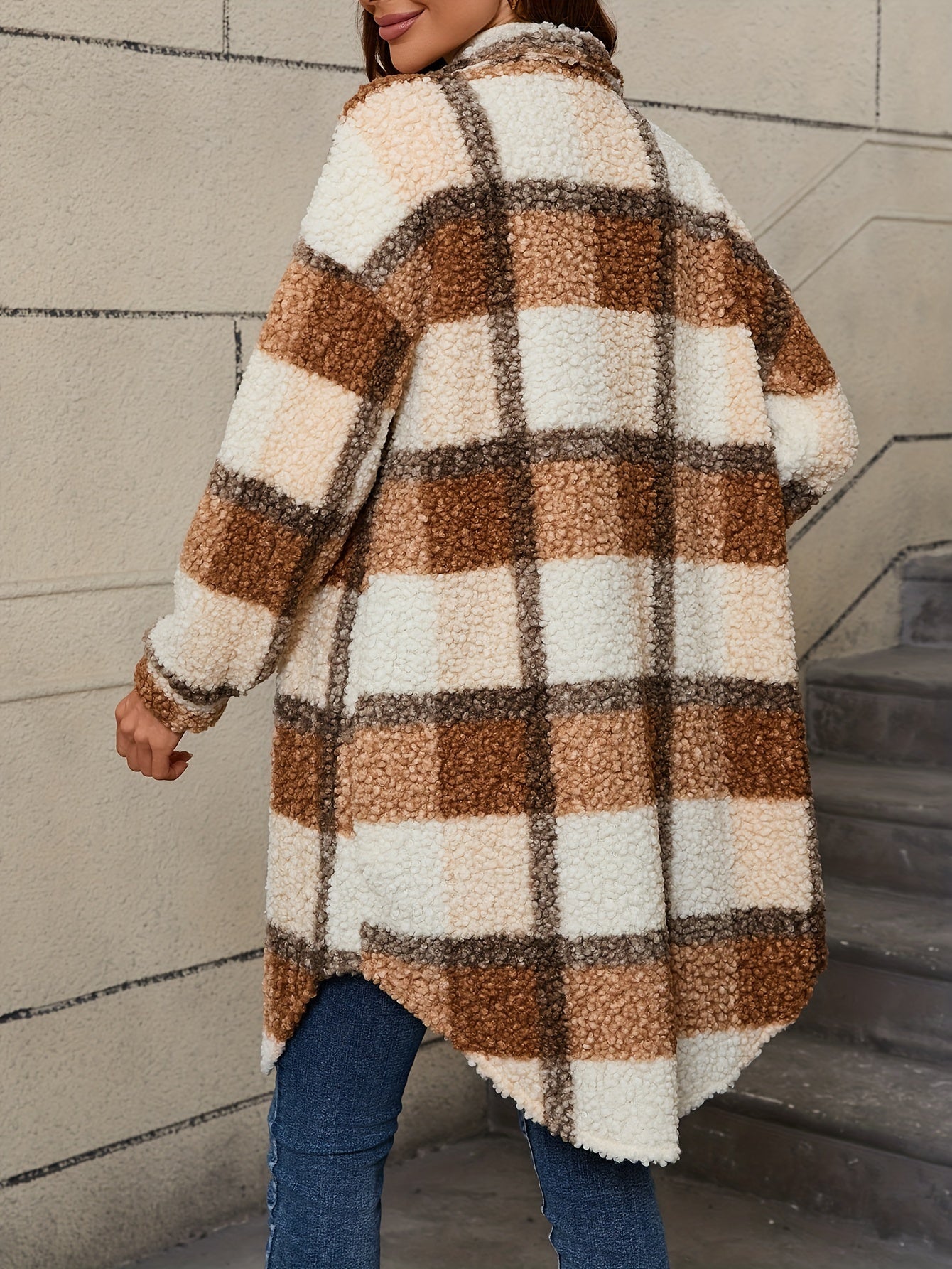 Freja™ | Long Fuzzy Jacket with Checkered Pattern & Button Closure