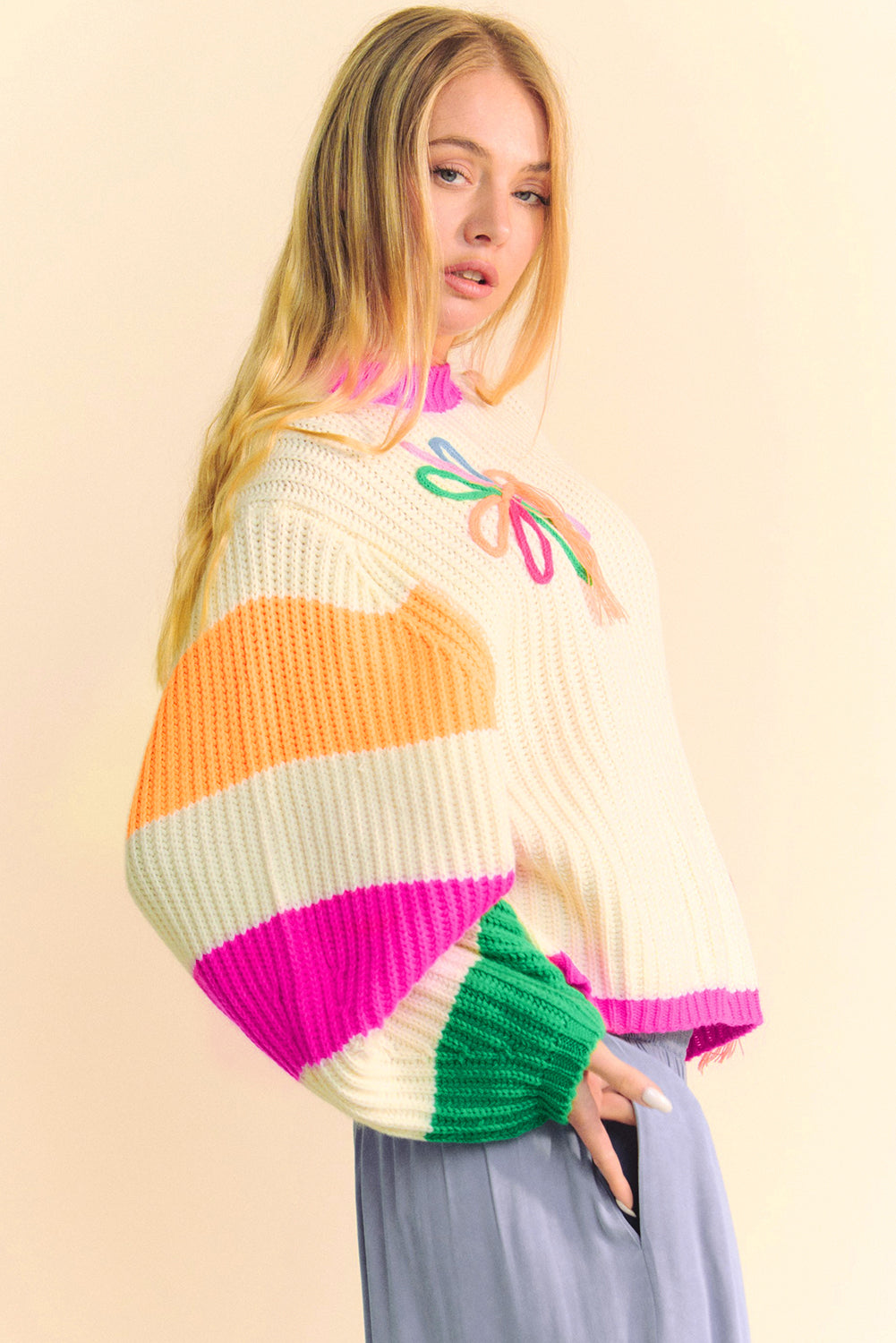 Seraphina Color Blocking Floral Sweater – Stilfuld strikket sweater til kvinder