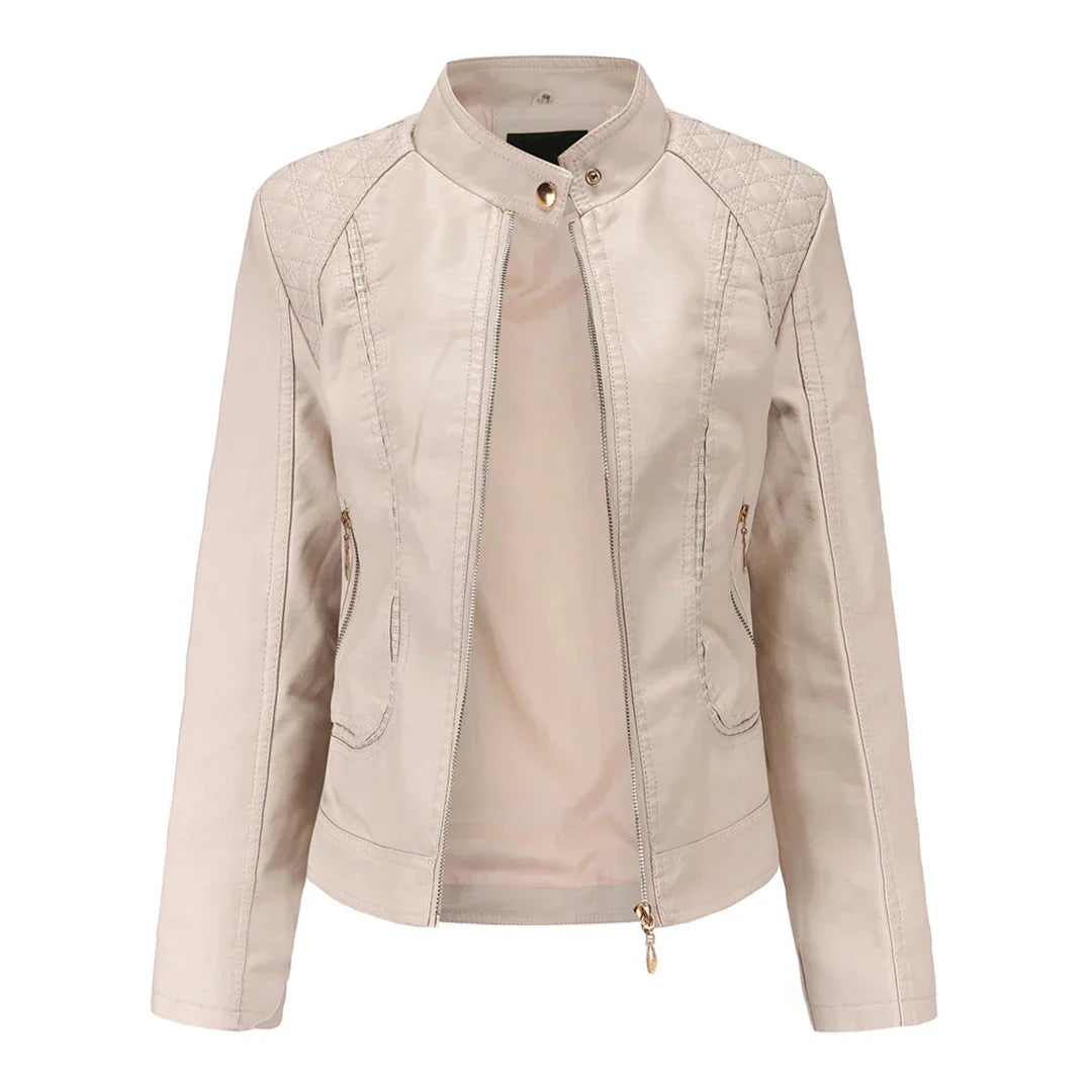 Black Leather Jacket Women – Slim Fit with Quilted Shoulders and Zipper Pockets