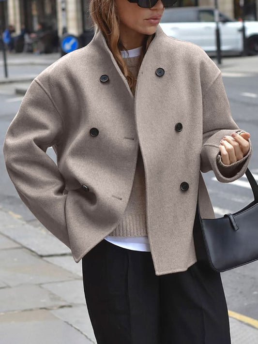 Chic double-breasted coat in wool blend for women with high collar