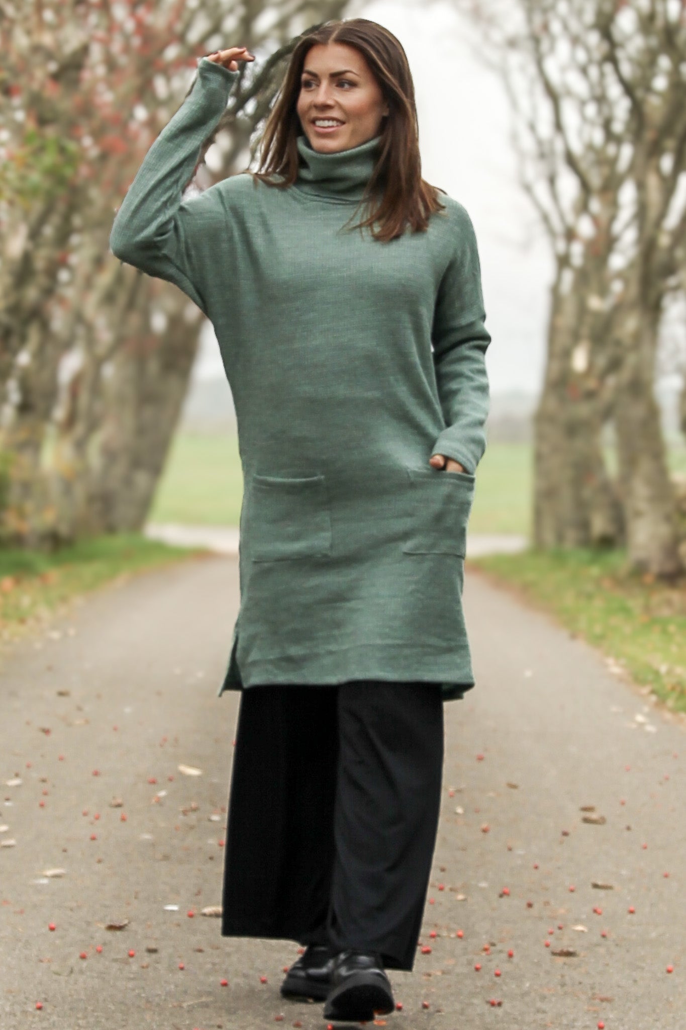 Ilyana Grøn &amp; Blå Polosweaterkjole – Løs Pasform til Kvinder