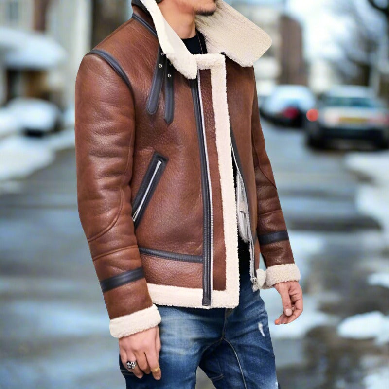 Men's shearling leather jacket – classic bomber jacket with warm fleece and zippered pockets