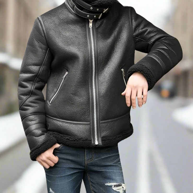 Men's shearling leather jacket – classic bomber jacket with warm fleece and zippered pockets