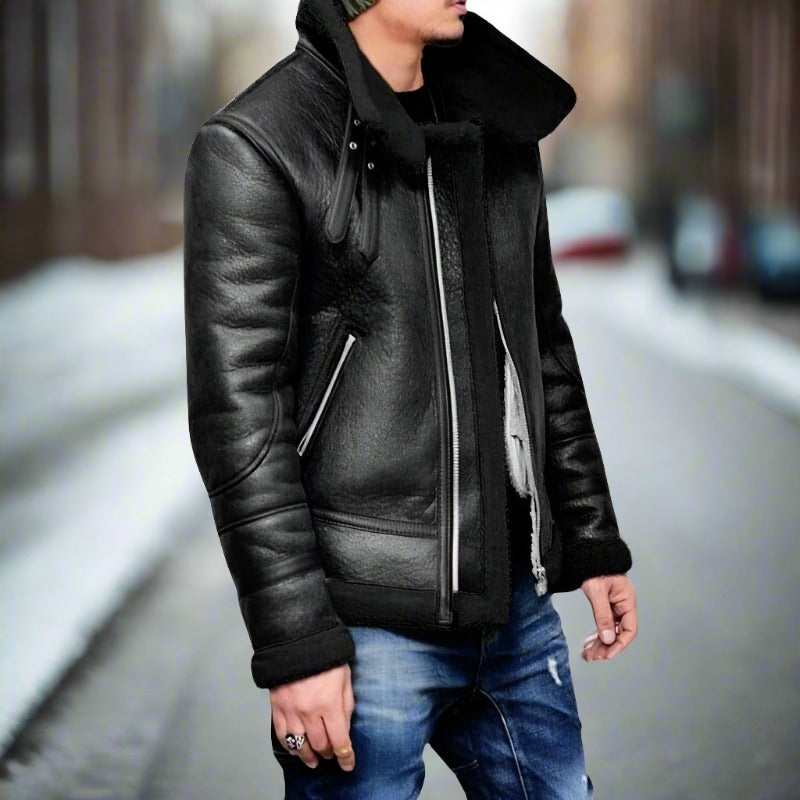 Men's shearling leather jacket – classic bomber jacket with warm fleece and zippered pockets