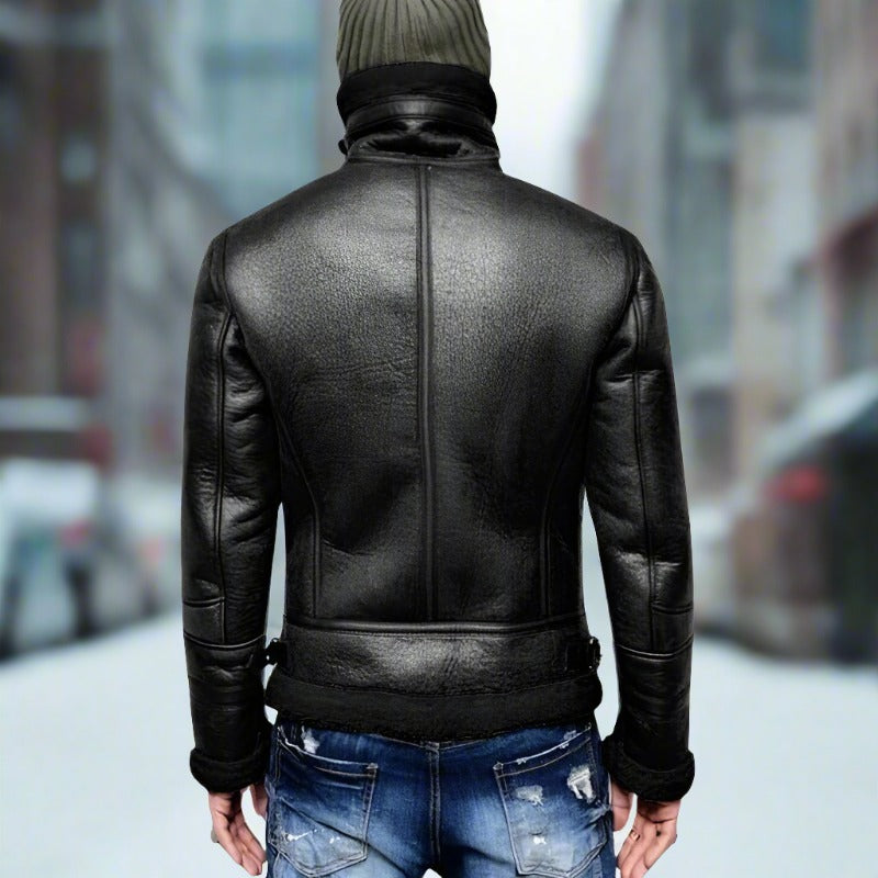 Men's shearling leather jacket – classic bomber jacket with warm fleece and zippered pockets