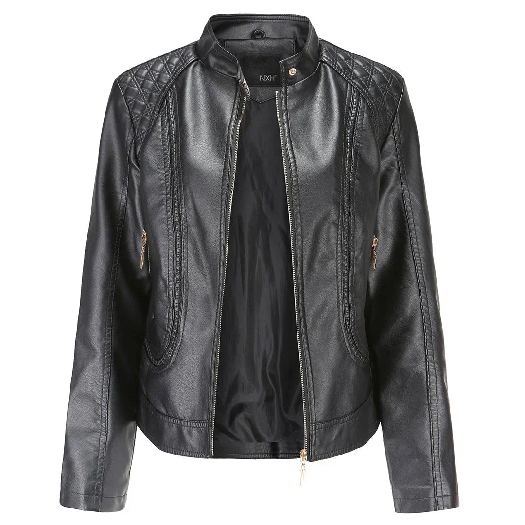 Black Leather Jacket Women – Slim Fit with Quilted Shoulders and Zipper Pockets