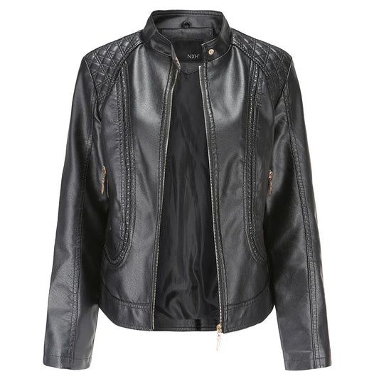 Black Leather Jacket Women – Slim Fit with Quilted Shoulders and Zipper Pockets