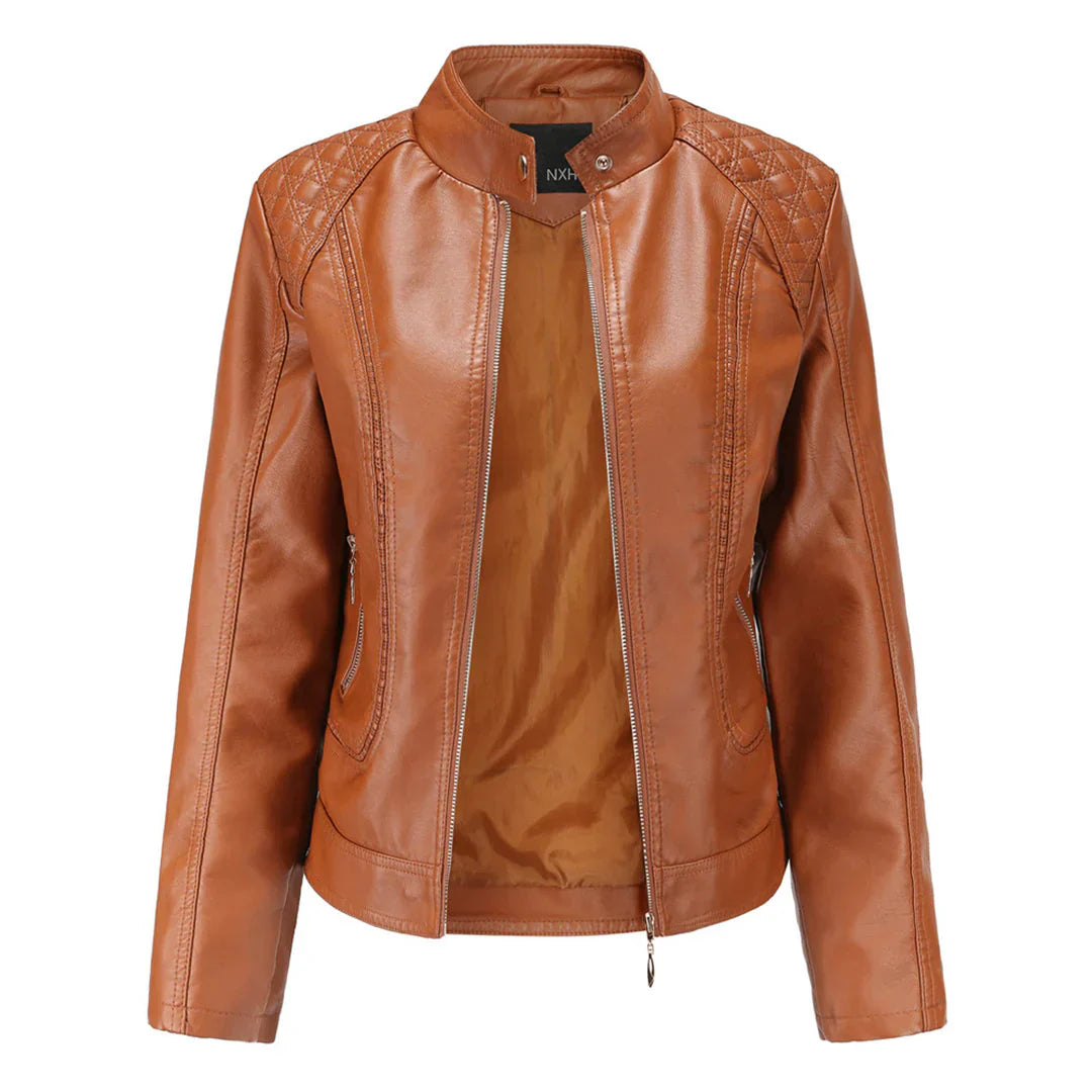 Black Leather Jacket Women – Slim Fit with Quilted Shoulders and Zipper Pockets