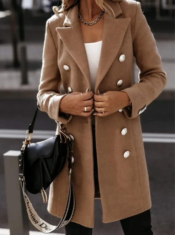 Tindrae – Elegant Double-Breasted Mid-Length Blazer with Tailored Fit