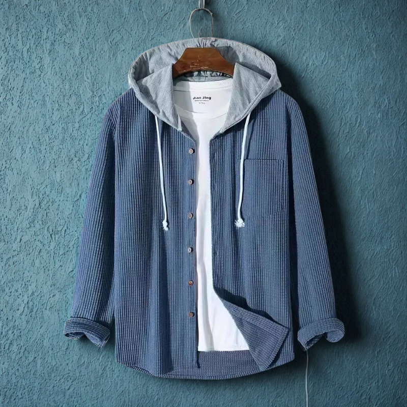 Men's Jacket Oversized in Ribbed Corduroy with Hood and Button Closure Front