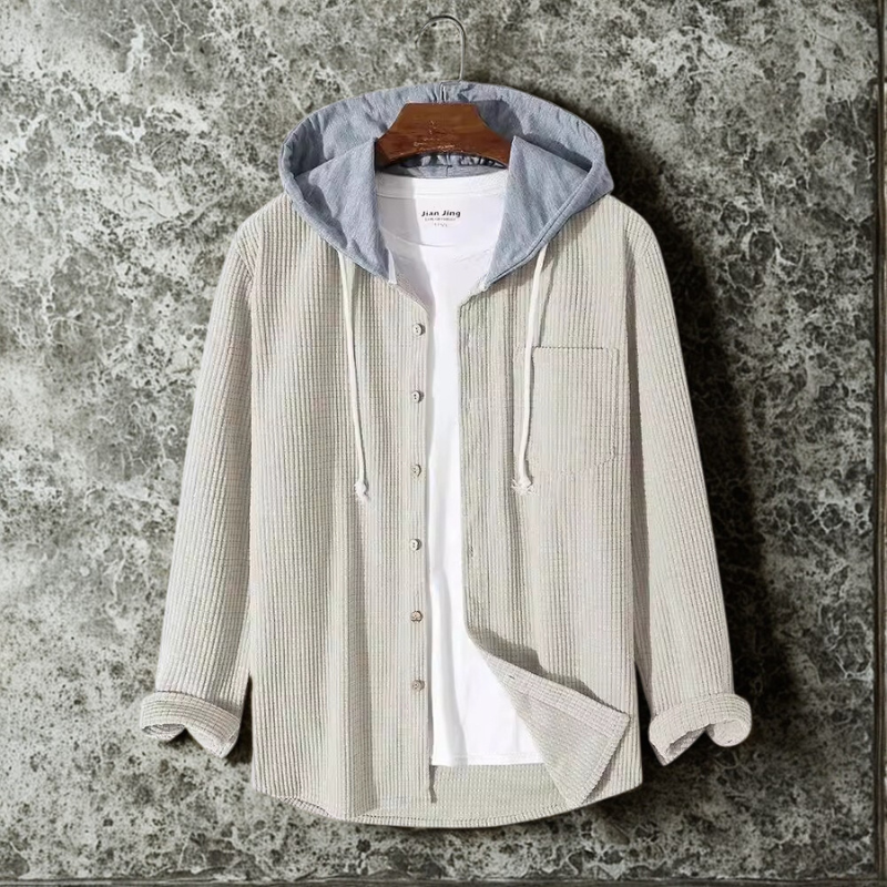 Men's Jacket Oversized in Ribbed Corduroy with Hood and Button Closure Front