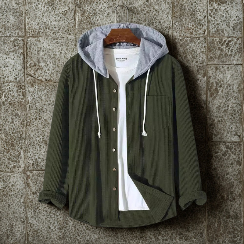Men's Jacket Oversized in Ribbed Corduroy with Hood and Button Closure Front
