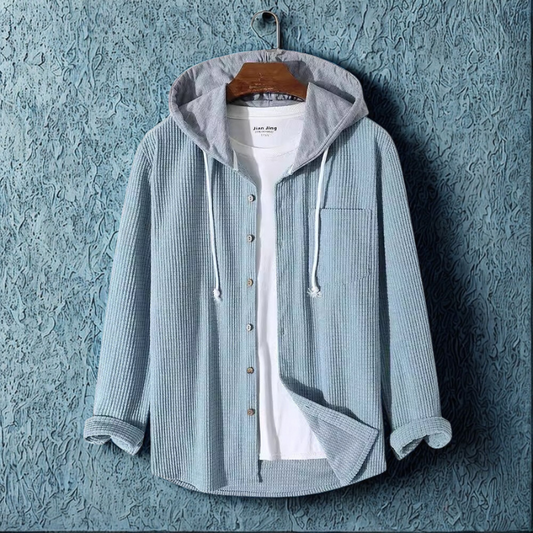 Men's Jacket Oversized in Ribbed Corduroy with Hood and Button Closure Front
