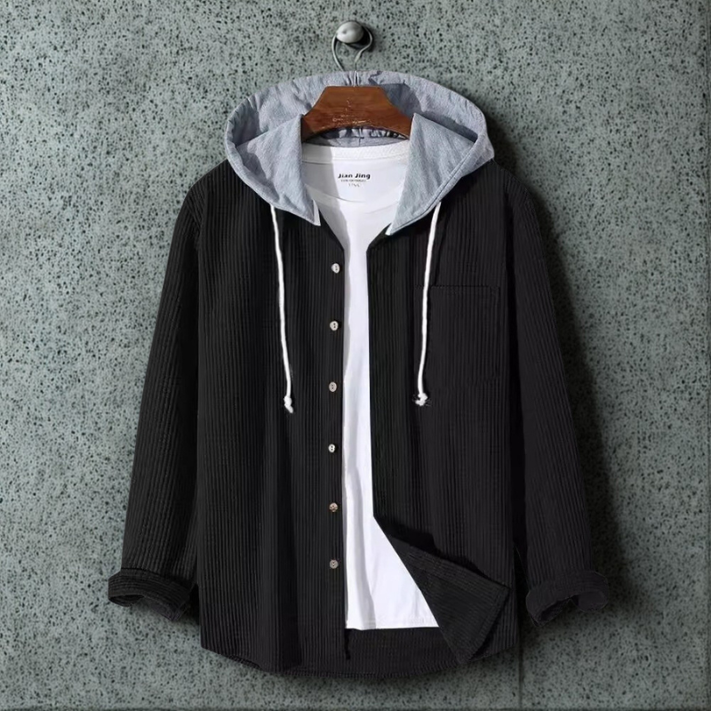 Men's Jacket Oversized in Ribbed Corduroy with Hood and Button Closure Front