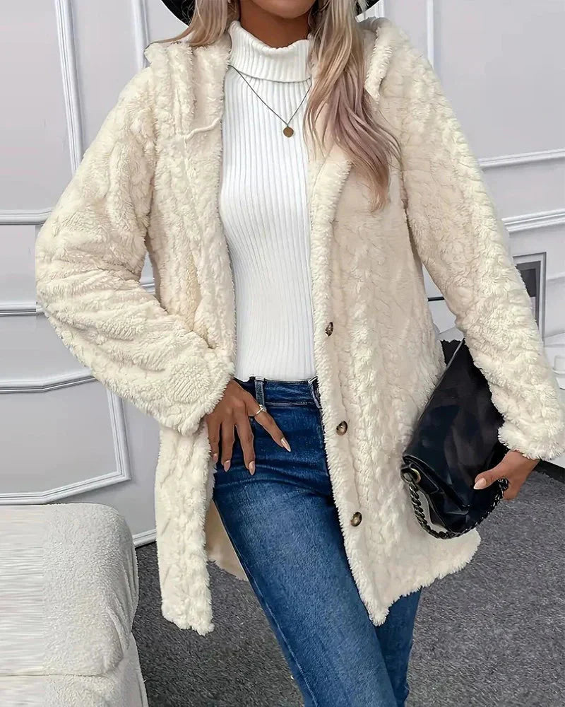 FAYE™ | Fleece Cardigan med hætte i mellemlang model til kvinder