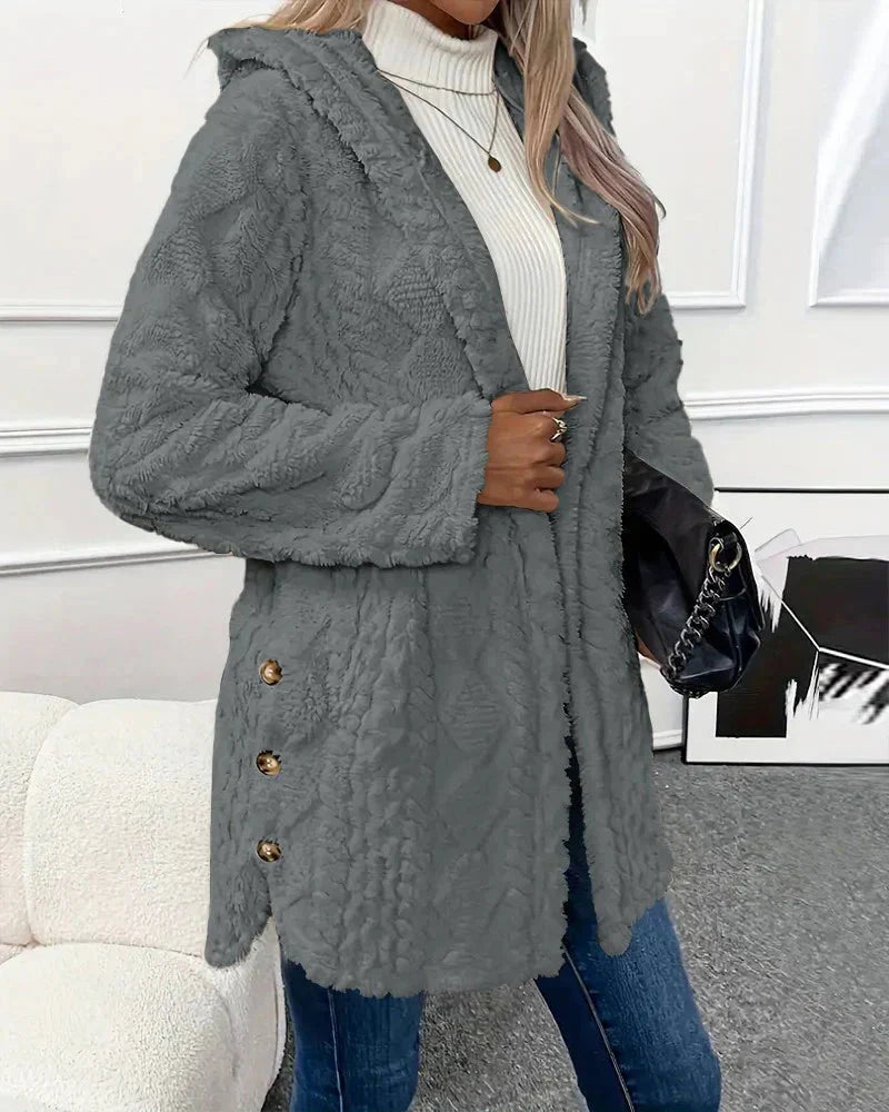 FAYE™ | Fleece Cardigan med hætte i mellemlang model til kvinder