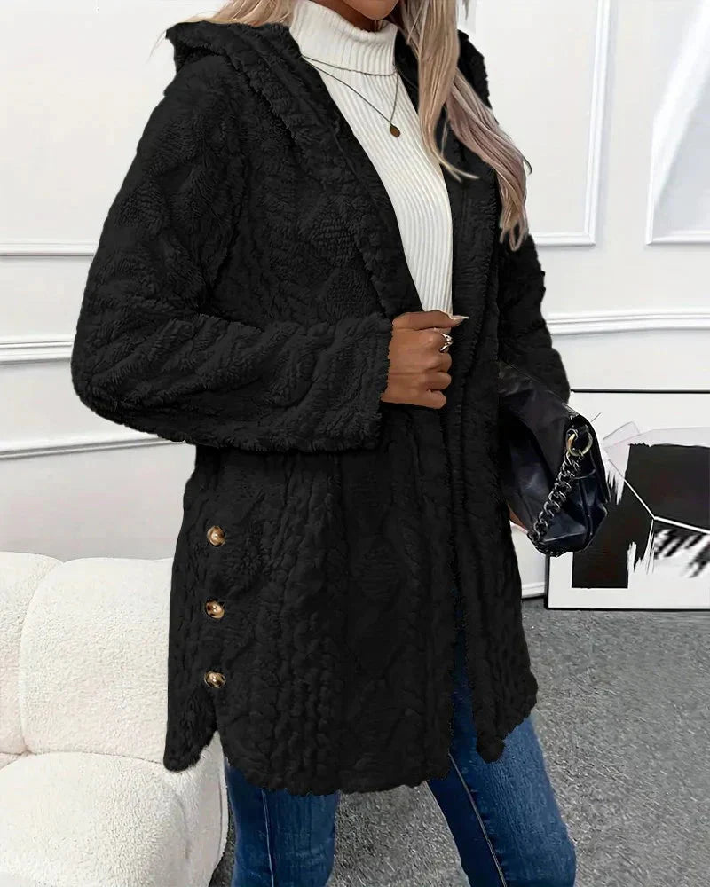 FAYE™ | Fleece Cardigan med hætte i mellemlang model til kvinder