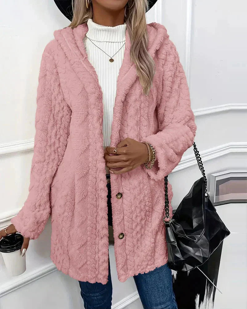 FAYE™ | Fleece Cardigan med hætte i mellemlang model til kvinder