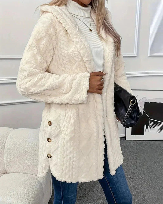 FAYE™ | Fleece Cardigan med hætte i mellemlang model til kvinder