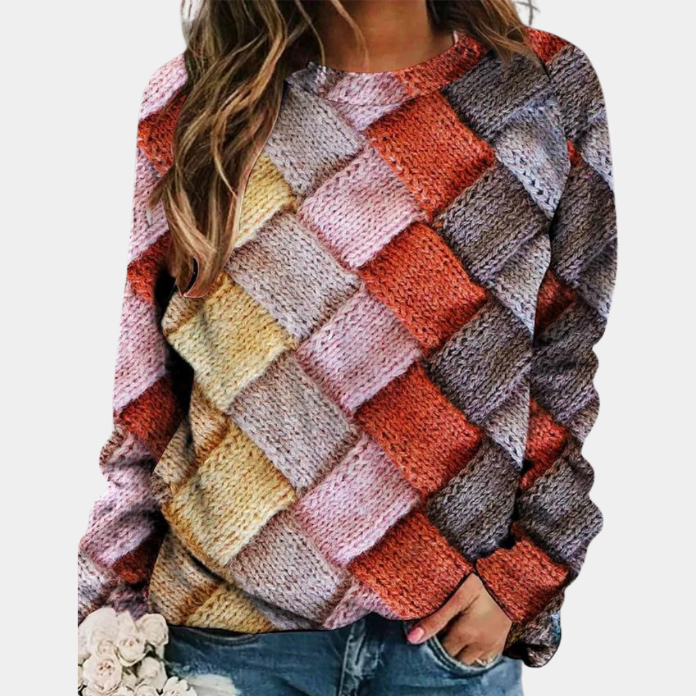 Knitted women's sweater – long-sleeved loose fit with round neck
