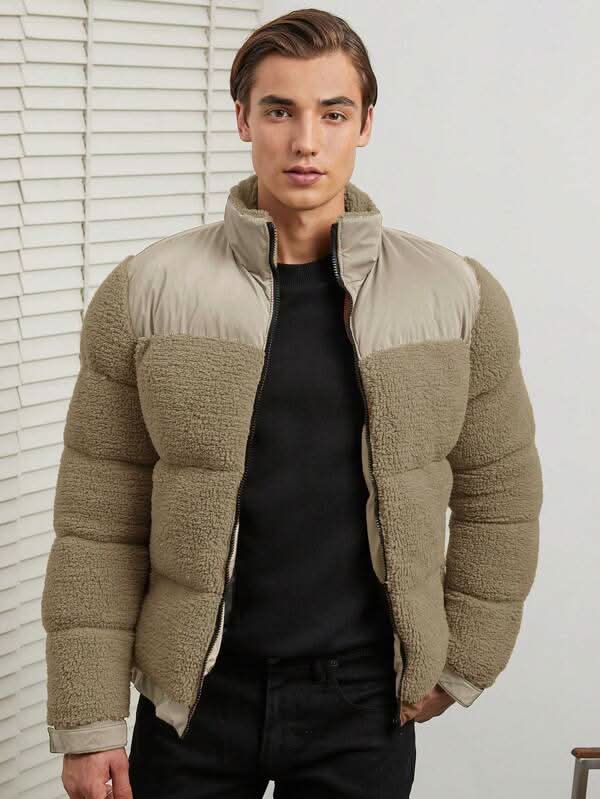Vinterjakke til Herre – Polstret Quiltet Stil med Teddyfleece-detaljer