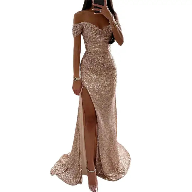 Celestina | Sequin-Embellished Off-Shoulder Evening Dress with Slit