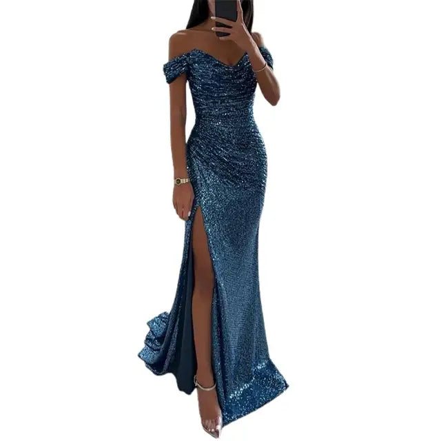 Celestina | Sequin-Embellished Off-Shoulder Evening Dress with Slit