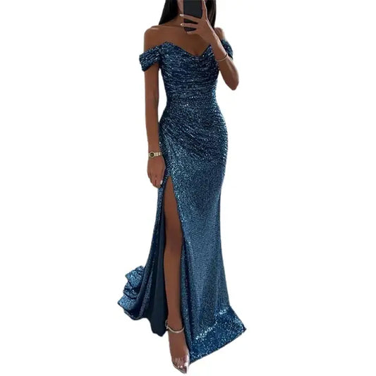 Celestina | Paljettprydd off-shoulder aftenkjole med slids