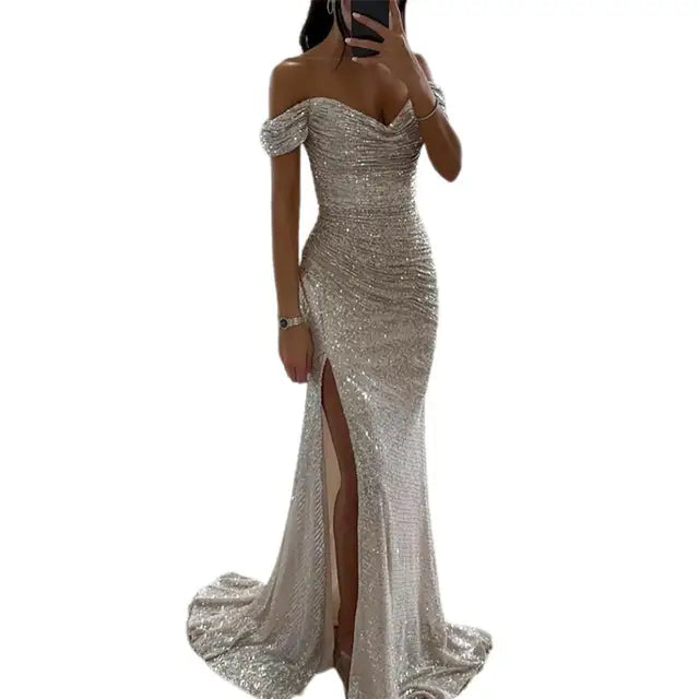 Celestina | Sequin-Embellished Off-Shoulder Evening Dress with Slit