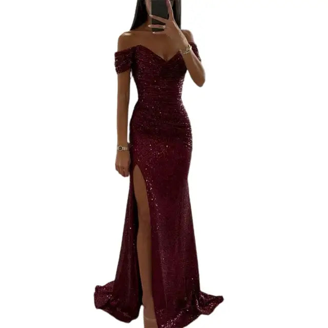 Celestina | Sequin-Embellished Off-Shoulder Evening Dress with Slit