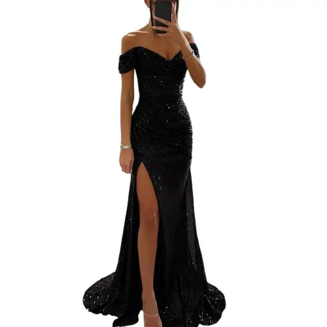 Celestina | Sequin-Embellished Off-Shoulder Evening Dress with Slit