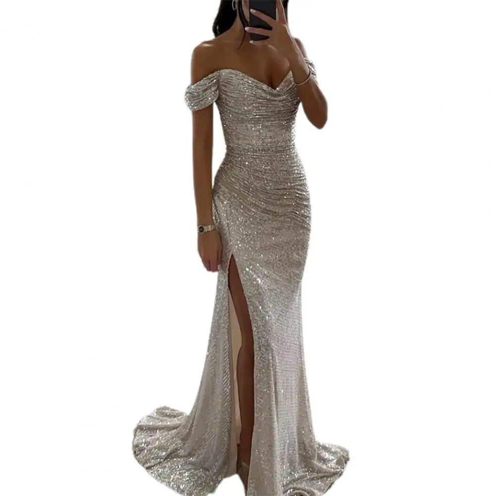 Celestina | Sequin-Embellished Off-Shoulder Evening Dress with Slit