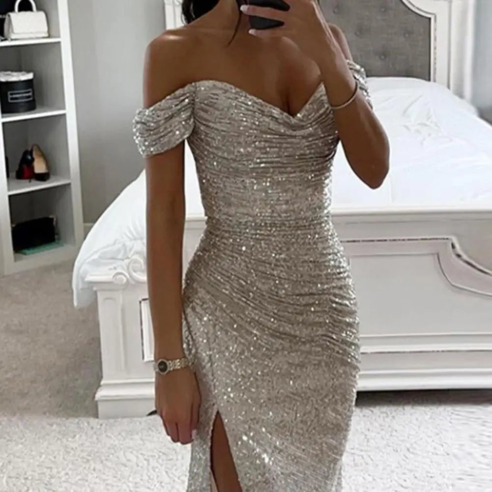 Celestina | Sequin-Embellished Off-Shoulder Evening Dress with Slit