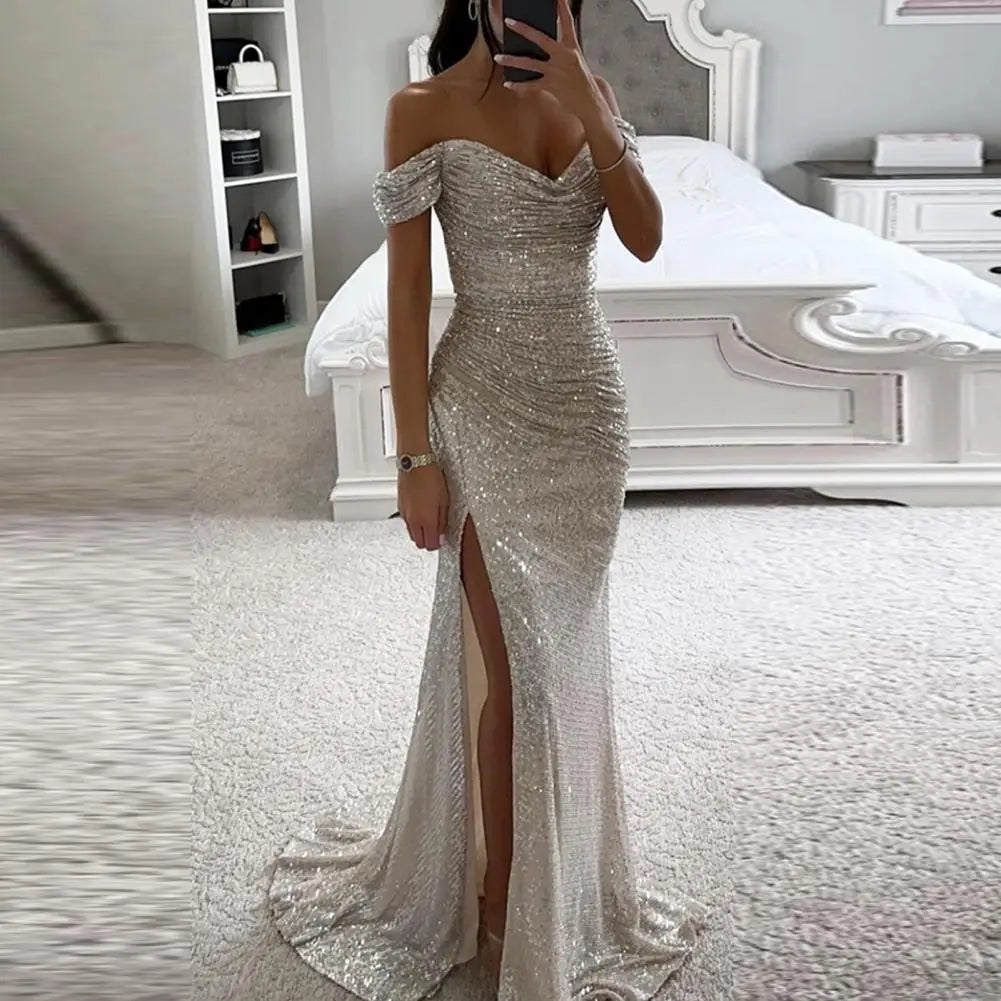 Celestina | Sequin-Embellished Off-Shoulder Evening Dress with Slit