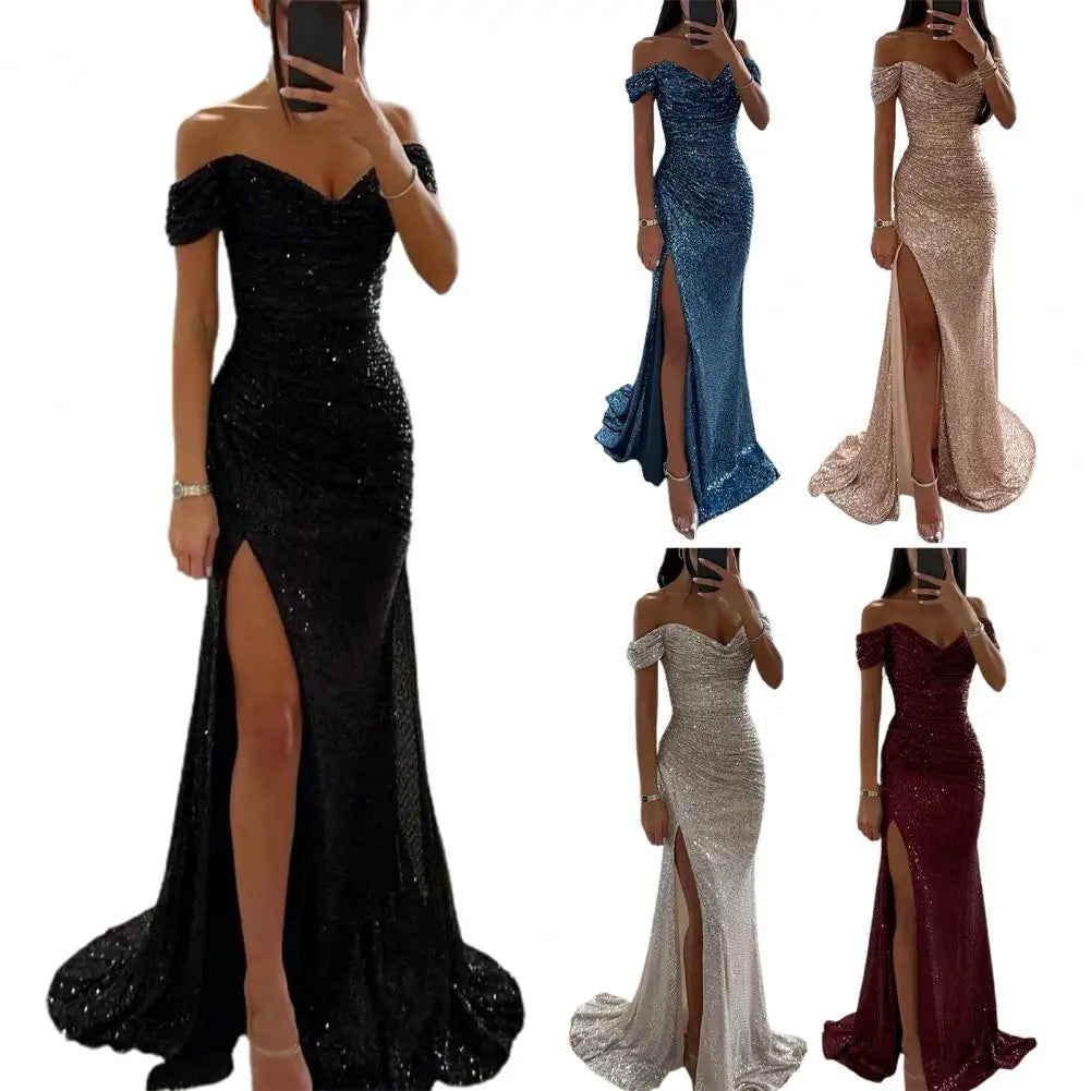 Celestina | Sequin-Embellished Off-Shoulder Evening Dress with Slit