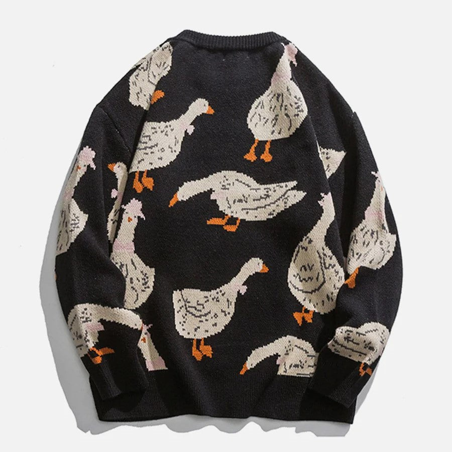 Querina Duck Mønstret Sweater – Dame Strik Sweater med Rund Hals