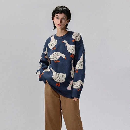 Querina Duck Mønstret Sweater – Dame Strik Sweater med Rund Hals