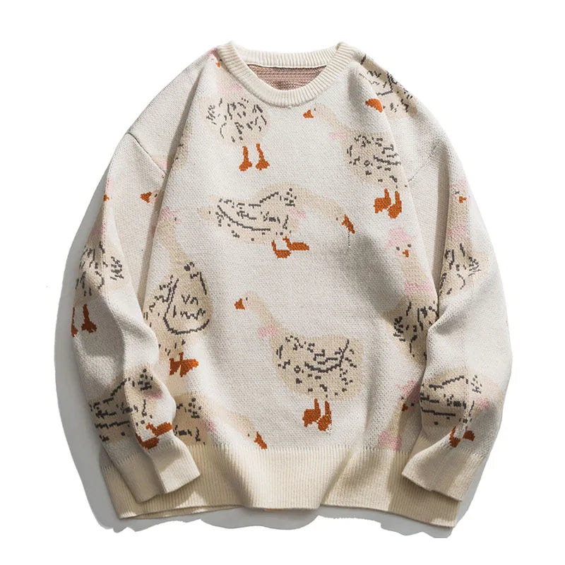Querina Duck Mønstret Sweater – Dame Strik Sweater med Rund Hals