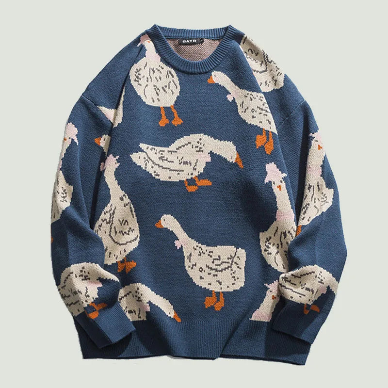 Querina Duck Mønstret Sweater – Dame Strik Sweater med Rund Hals